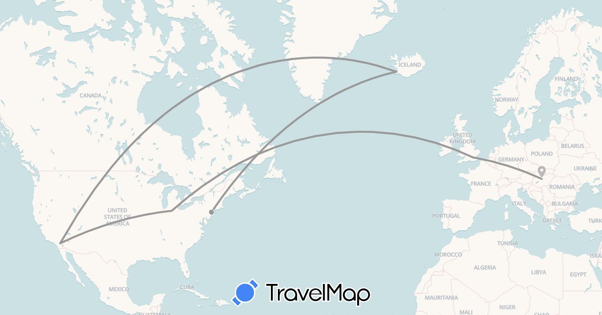 TravelMap itinerary: driving, plane in United Kingdom, Hungary, Iceland, United States (Europe, North America)